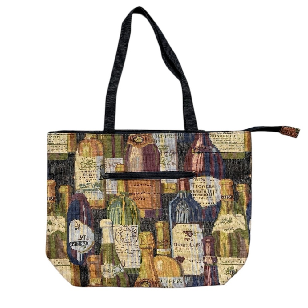 Vintage Tapestry Tote Shoulder Bag Wine Bottles w/Coin Purse